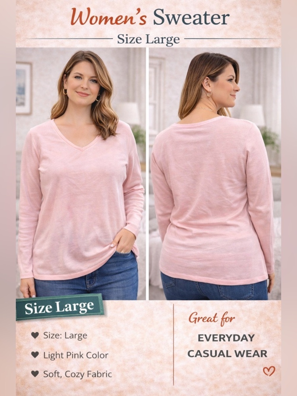 Croft & Barrow Soft Pink Crewneck Sweater Top Size L
